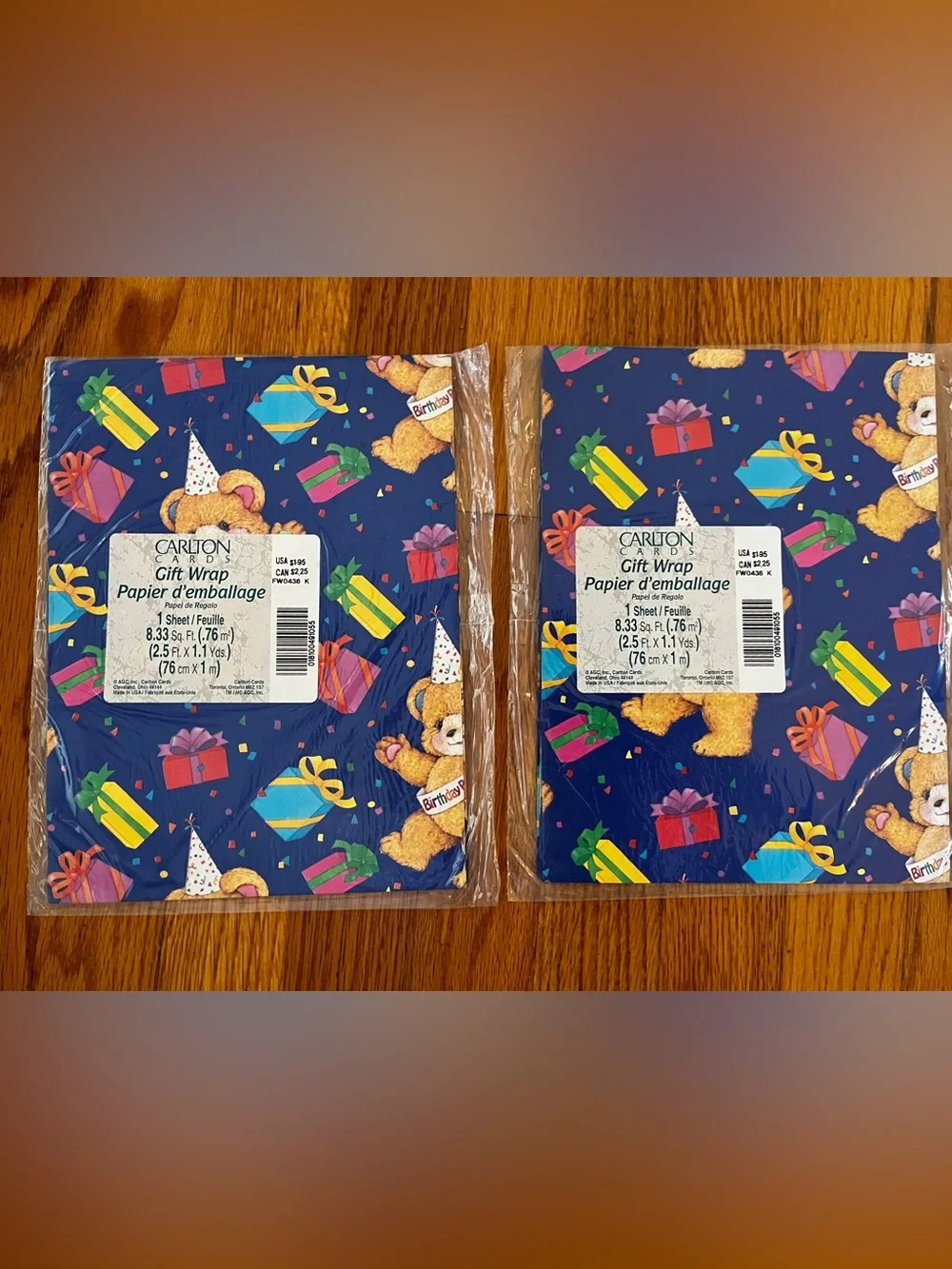 VTG 90s Carlton Cards Birthday Blue & Presents Bear Gift Wrap - 2 Pack